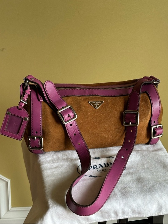 Prada Handbags - Prada Brown Suede Pink Leather Barrel Bag